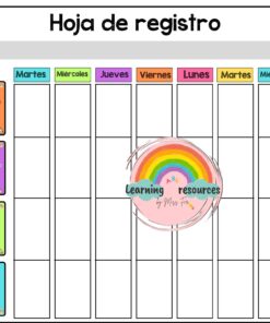 Un registro semanal de actividades en español con recuadros de colores para los rincones de escritura, sensoriales, de juego y de arte a la izquierda y columnas en blanco para cada día de la semana en la parte superior. Hay espacio para un nombre en la parte superior y un logotipo del arco iris en el centro.