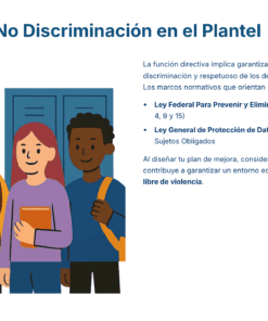 Paquete Promoción a DIRECTOR ESCOLAR – Educación Media Superior (Carta de Exposición de Motivos + Plan de Mejora Continua + Guía EMS) EMS BACHILLERATO 2026–2027 26 Cuatro alumnos sonrientes frente a unas taquillas azules. El texto habla de los derechos de los alumnos, la no discriminación, la protección de datos y la importancia de un entorno escolar integrador, equitativo y libre de violencia.