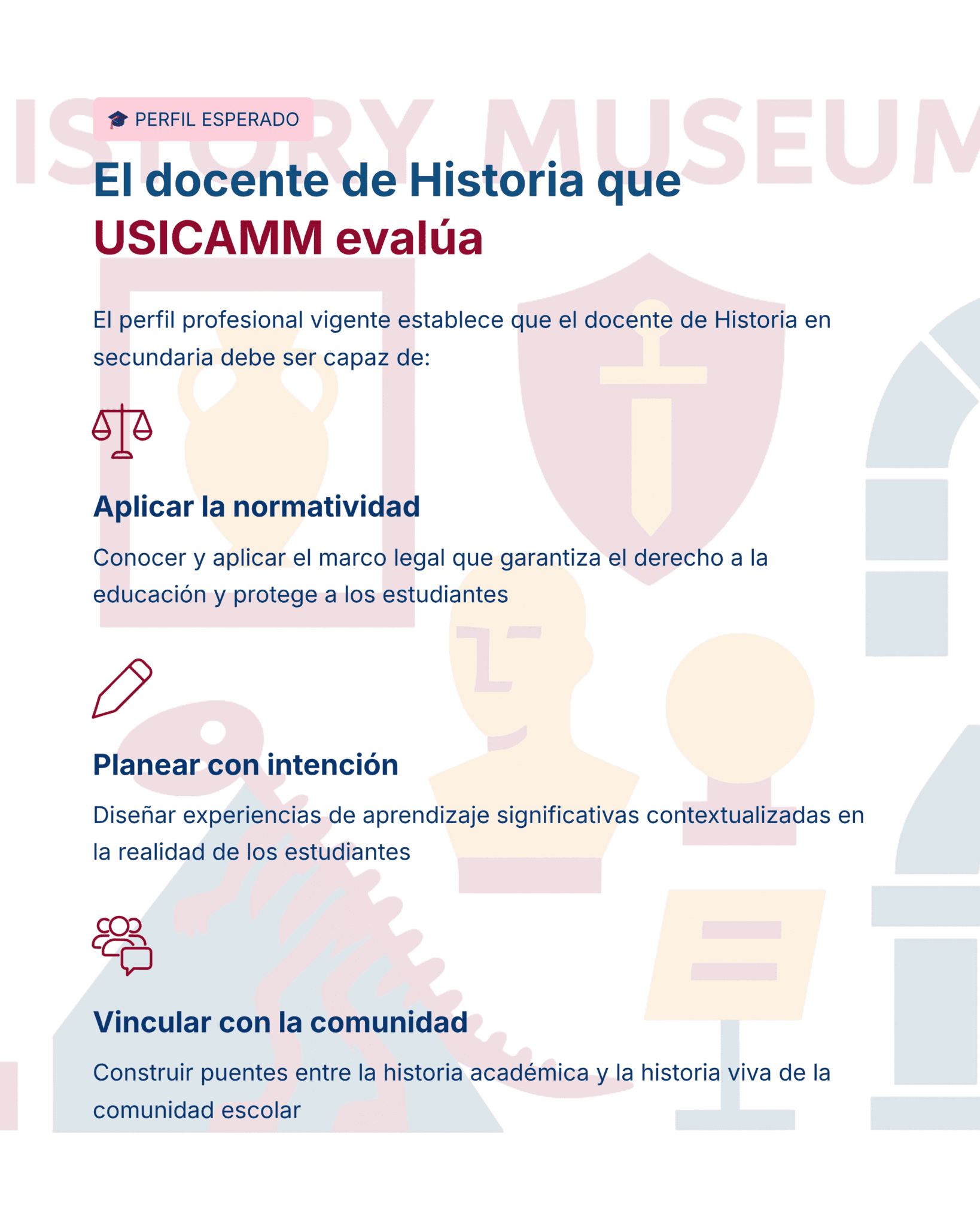 Guía de Estudio HORAS ADICIONALES HISTORIA Educación Secundaria- USICAMM 2026 - 2027 + (Simulador 90 Reactivos) 18 Infografía que describe el rol esperado de un profesor de Historia evaluado por USICAMM, enumerando las habilidades: aplicar leyes, planificar el aprendizaje intencional y construir conexiones con la comunidad. Incluye iconos relacionados al lado de cada punto.