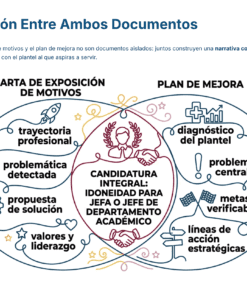 Infografía muestra la relación entre la carta de exposición de motivos y el plan de mejora, con elementos como trayectoria, problema detectado, propuesta, valores, diagnóstico, problema central, metas y acciones concretas.