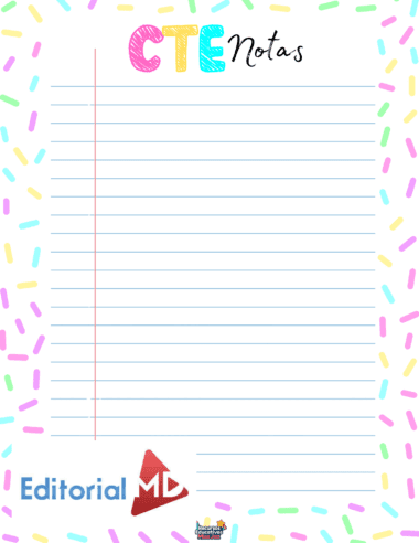 Colorida página de bloc de notas con "CTE Notas" en la parte superior, rodeada de confeti de colores pastel. Sección rayada para escribir notas. "Editorial MD" y su logotipo aparecen en la parte inferior izquierda.