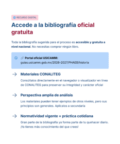 Guía de Estudio HORAS ADICIONALES HISTORIA Educación Secundaria- USICAMM 2026 - 2027 + (Simulador 90 Reactivos) 51 Gráfica informativa en español sobre el acceso gratuito a la bibliografía oficial. Destaca un portal en línea, los materiales de la CONALITEG, las amplias perspectivas de análisis y la importancia de la normatividad vigente en la práctica.