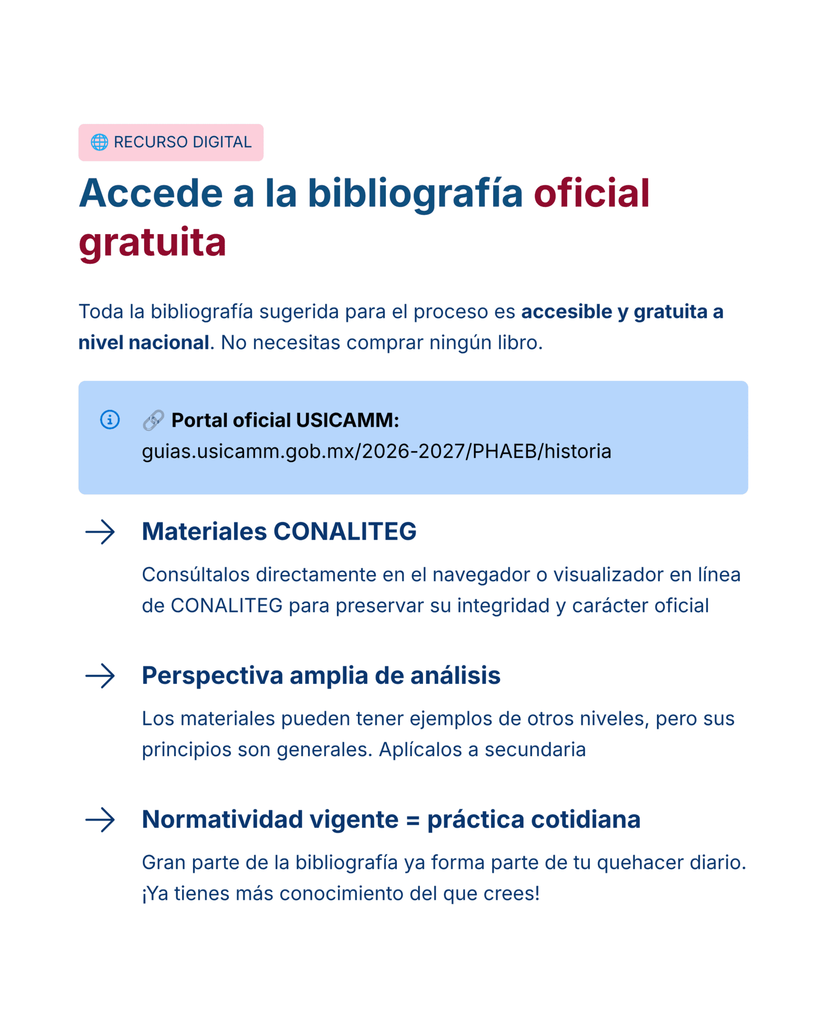 Guía de Estudio HORAS ADICIONALES HISTORIA Educación Secundaria- USICAMM 2026 - 2027 + (Simulador 90 Reactivos) 26 Gráfica informativa en español sobre el acceso gratuito a la bibliografía oficial. Destaca un portal en línea, los materiales de la CONALITEG, las amplias perspectivas de análisis y la importancia de la normatividad vigente en la práctica.