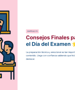 Guía de Estudio HORAS ADICIONALES INGLÉS Educación Secundaria- USICAMM 2026 – 2027 + (Simulador 90 Reactivos) 20 Ilustración de un profesor y tres alumnos en un aula levantando los brazos en señal de celebración, junto a un texto en español sobre consejos finales para preparar el día del examen, con una estrella amarilla resaltando el título.