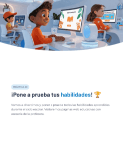 Tres niños se sientan ante los ordenadores en un aula, sonrientes y ocupados con actividades educativas. Un profesor les ayuda. El texto anima a los alumnos a poner a prueba sus habilidades mediante un divertido aprendizaje en línea.