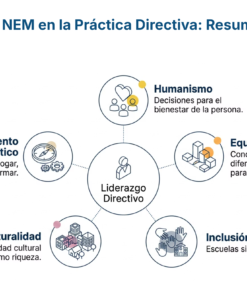 Diagrama que muestra los cinco principios del liderazgo directivo: Humanismo (decisiones de bienestar), Equidad (condiciones diferenciadas), Inclusión (escuelas sin barreras), Interculturalidad (diversidad cultural) y Pensamiento Crítico (analizar, dialogar).