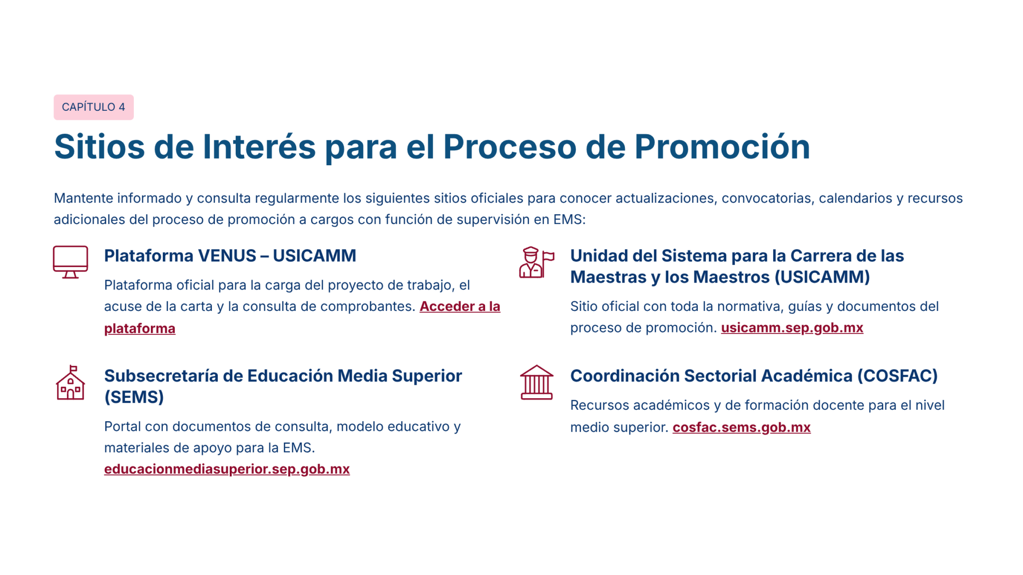 Paquete Promoción a SUPERVISOR ESCOLAR – Educación Media Superior (Carta de Exposición de Motivos + Plan de Mejora Continua + Guía EMS) EMS BACHILLERATO 2026–2027 21 Captura de pantalla de una sección de la página web titulada "Sitios de Interés para el Proceso de Promoción" con enlaces y descripciones de cuatro recursos: Plataforma VENUS, USICAMM, SEMS y COSFAC, todos ellos relacionados con la promoción educativa.