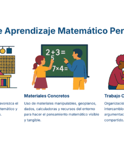 Guía de Estudio HORAS ADICIONALES MATEMÁTICAS Educación Secundaria- USICAMM 2026 - 2027 + (Simulador 90 Reactivos) 27 Tres secciones ilustradas sobre entornos de aprendizaje matemático: organización flexible del espacio con un ábaco, uso de materiales concretos con niños ante una pizarra y trabajo colaborativo con un grupo que comparte ideas en torno a una mesa.