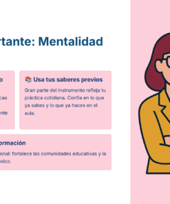 Ilustración de una mujer sonriente con gafas y los brazos cruzados junto a unos consejos educativos sobre un fondo rosa y azul. Los consejos hacen hincapié en la aplicación práctica, el uso de los conocimientos previos y ser un agente transformador en la educación.