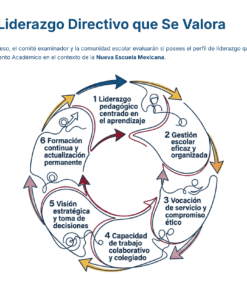 Infografía circular que muestra seis cualidades de liderazgo valoradas: liderazgo pedagógico, gestión de recursos escolares, vocación de servicio y compromiso con la comunidad, trabajo colaborativo, visión estratégica y formación continua, en español.