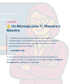 Guía de Estudio HORAS ADICIONALES GEOGRAFÍA Educación Secundaria- USICAMM 2026 - 2027 + (Simulador 90 Reactivos) 28 Ilustración de un profesor sonriente con gafas y los brazos cruzados detrás de un cuadro de texto. El texto anima a los profesores, reconociendo su importante papel en la educación e instándoles a confiar en su preparación y a participar con confianza.