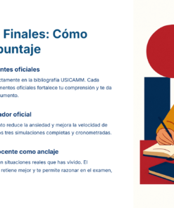 Una mujer con gafas está sentada en un escritorio estudiando con libros, papel y una taza de café. A la izquierda, unos consejos en español explican cómo mejorar la nota del examen estudiando fuentes oficiales, utilizando simuladores y aplicando la experiencia docente.