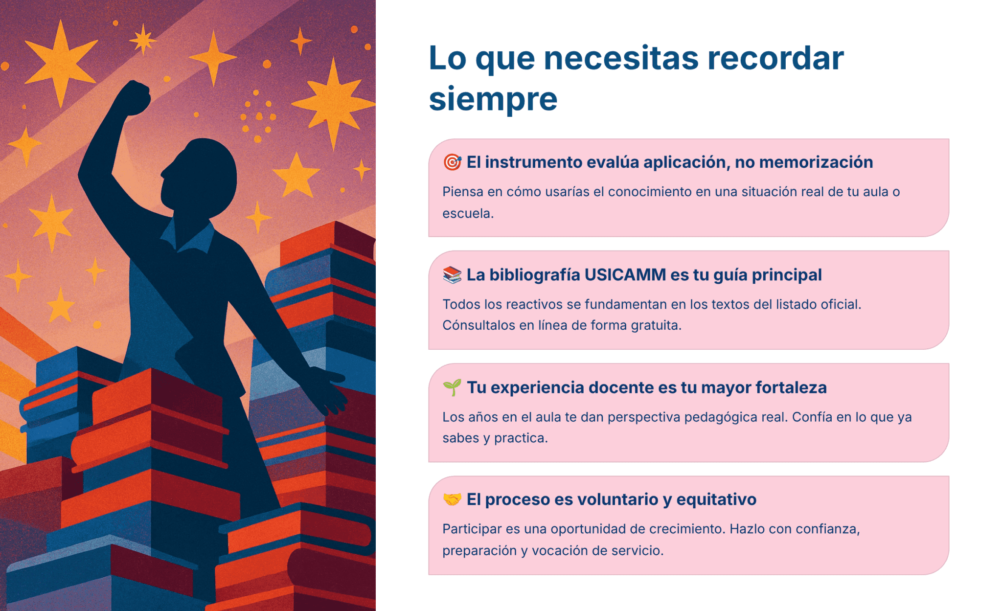 Guía de Estudio HORAS ADICIONALES CIENCIAS QUÍMICA Educación Secundaria- USICAMM 2026 – 2027 + (Simulador 90 Reactivos) 4 Ilustración de una persona levantando el puño triunfante entre libros de colores. Junto a ellas, unos recuadros de texto enumeran cuatro recordatorios: centrarse en la solicitud, utilizar bibliografía oficial, valorar la experiencia docente y recordar que el proceso es voluntario y justo.