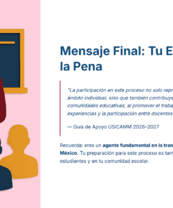Ilustración de una mujer con gafas y los brazos cruzados delante de una pizarra, frente a tres figuras sentadas. Junto a ella hay un mensaje en español que elogia el valor del esfuerzo individual en la educación y la transformación de la comunidad.