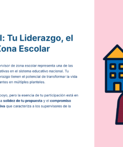 Paquete Promoción a SUPERVISOR ESCOLAR – Educación Media Superior (Carta de Exposición de Motivos + Plan de Mejora Continua + Guía EMS) EMS BACHILLERATO 2026–2027 30 Gráfico que muestra a una persona de pelo largo con traje delante de edificios escolares ilustrados, junto a un mensaje en español sobre el liderazgo y el futuro de la zona escolar para supervisores educativos.