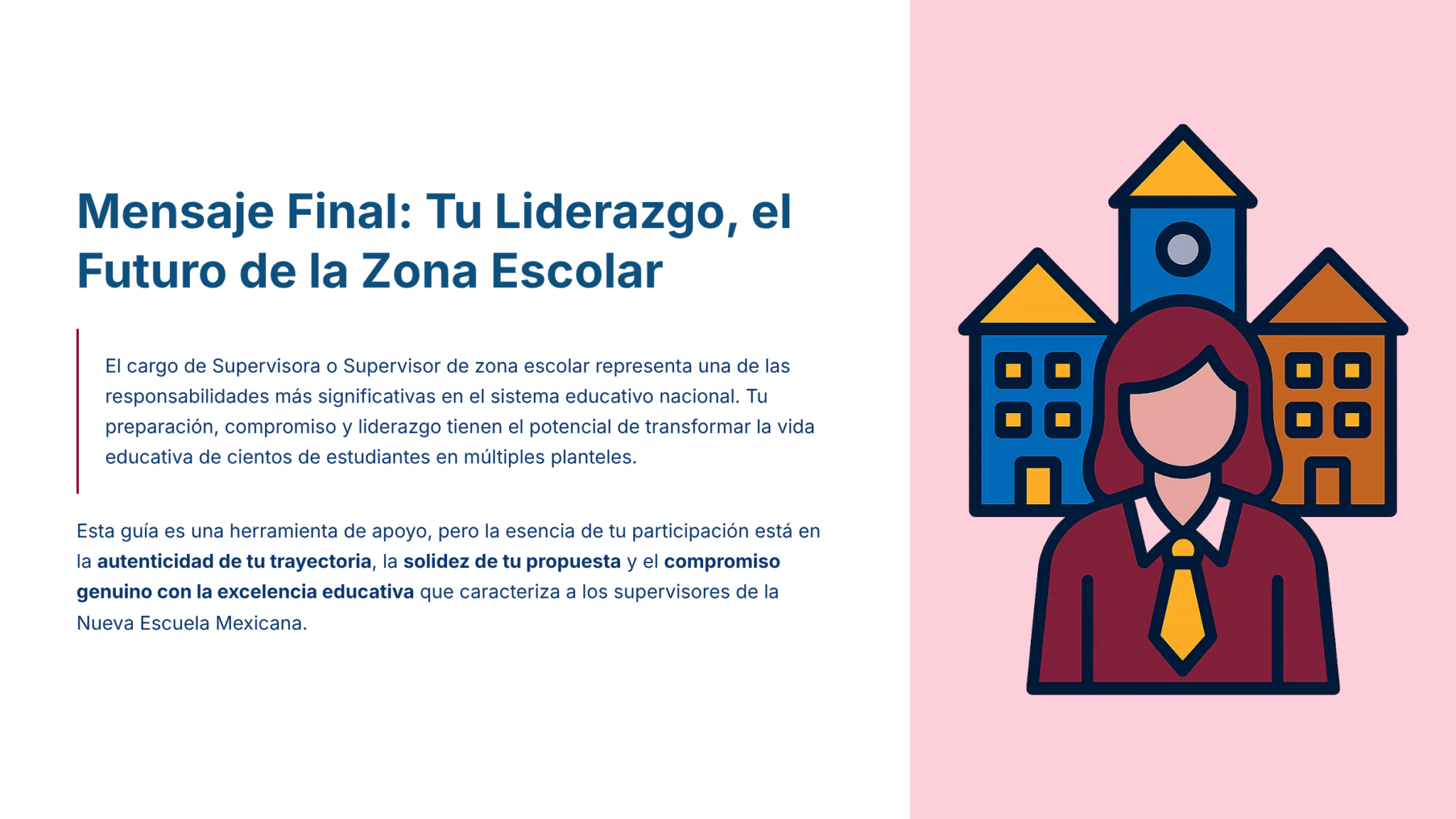 Paquete Promoción a SUPERVISOR ESCOLAR – Educación Media Superior (Carta de Exposición de Motivos + Plan de Mejora Continua + Guía EMS) EMS BACHILLERATO 2026–2027 10 Gráfico que muestra a una persona de pelo largo con traje delante de edificios escolares ilustrados, junto a un mensaje en español sobre el liderazgo y el futuro de la zona escolar para supervisores educativos.