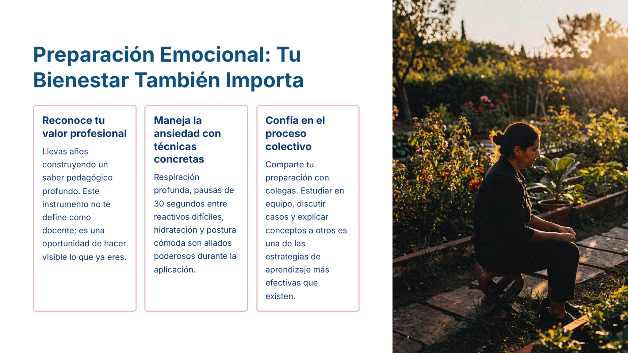 Guía de Estudio PROMOCIÓN HORIZONTAL SUPERVISIÓN – USICAMM 2026 – 2027 + (Simulador 90 Reactivos) 5 Una mujer se sienta pensativa en un jardín al atardecer. Junto a ella, un cuadro de texto en español titulado "Preparación Emocional: Tu Bienestar También Importa" comparte tres consejos de bienestar emocional para educadores.