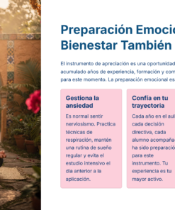 Guía de Estudio PROMOCIÓN HORIZONTAL Educación SECUNDARIA – USICAMM 2026 – 2027 + (Simulador 90 Reactivos) 24 Una mujer medita al aire libre en un jardín iluminado por el sol junto a una fuente. A la derecha, un texto en español ofrece consejos de preparación emocional: controla la ansiedad, confía en tu camino y mantén la perspectiva.