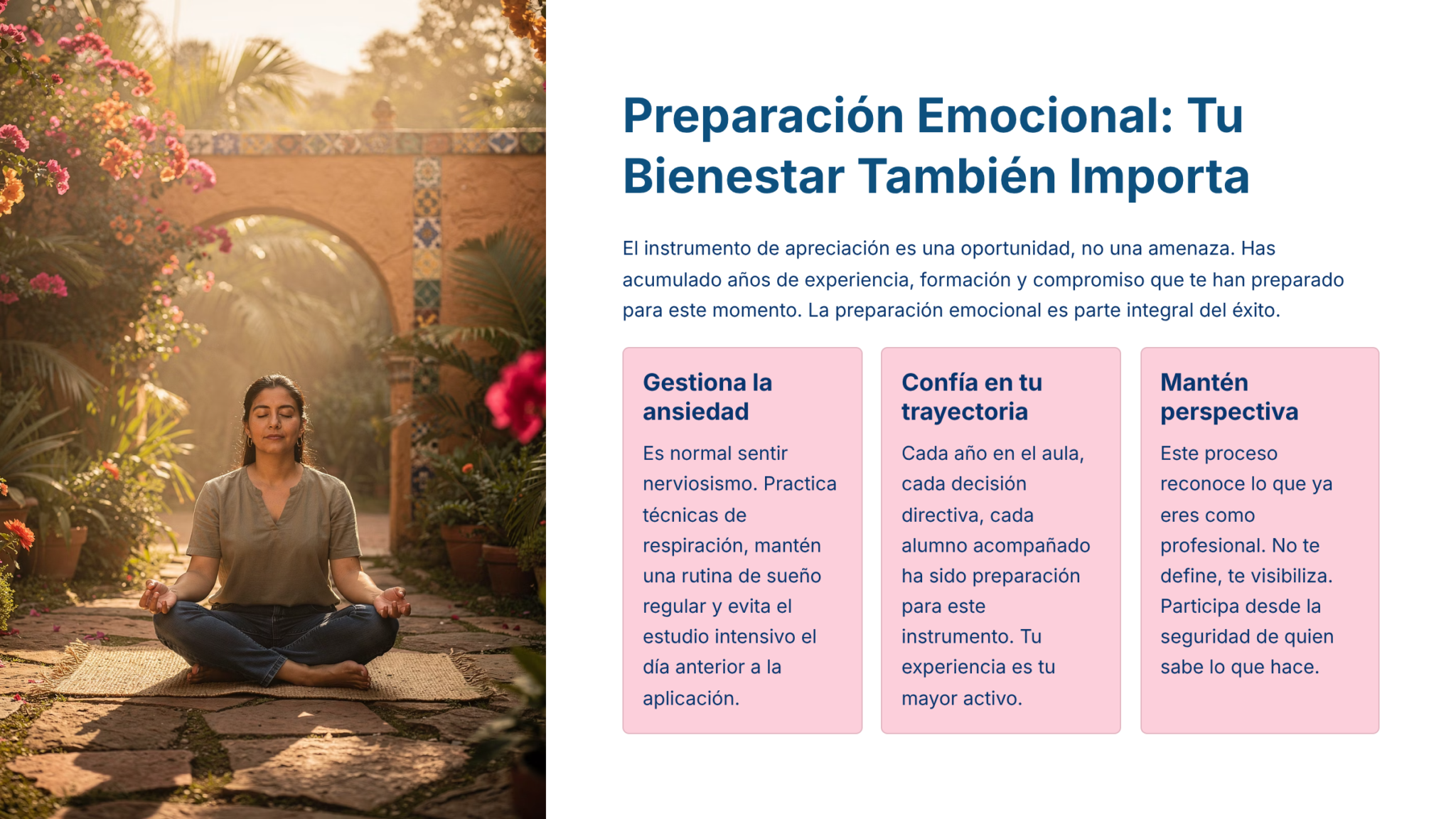 Guía de Estudio PROMOCIÓN HORIZONTAL Educación SECUNDARIA – USICAMM 2026 – 2027 + (Simulador 90 Reactivos) 4 Una mujer medita al aire libre en un jardín iluminado por el sol junto a una fuente. A la derecha, un texto en español ofrece consejos de preparación emocional: controla la ansiedad, confía en tu camino y mantén la perspectiva.