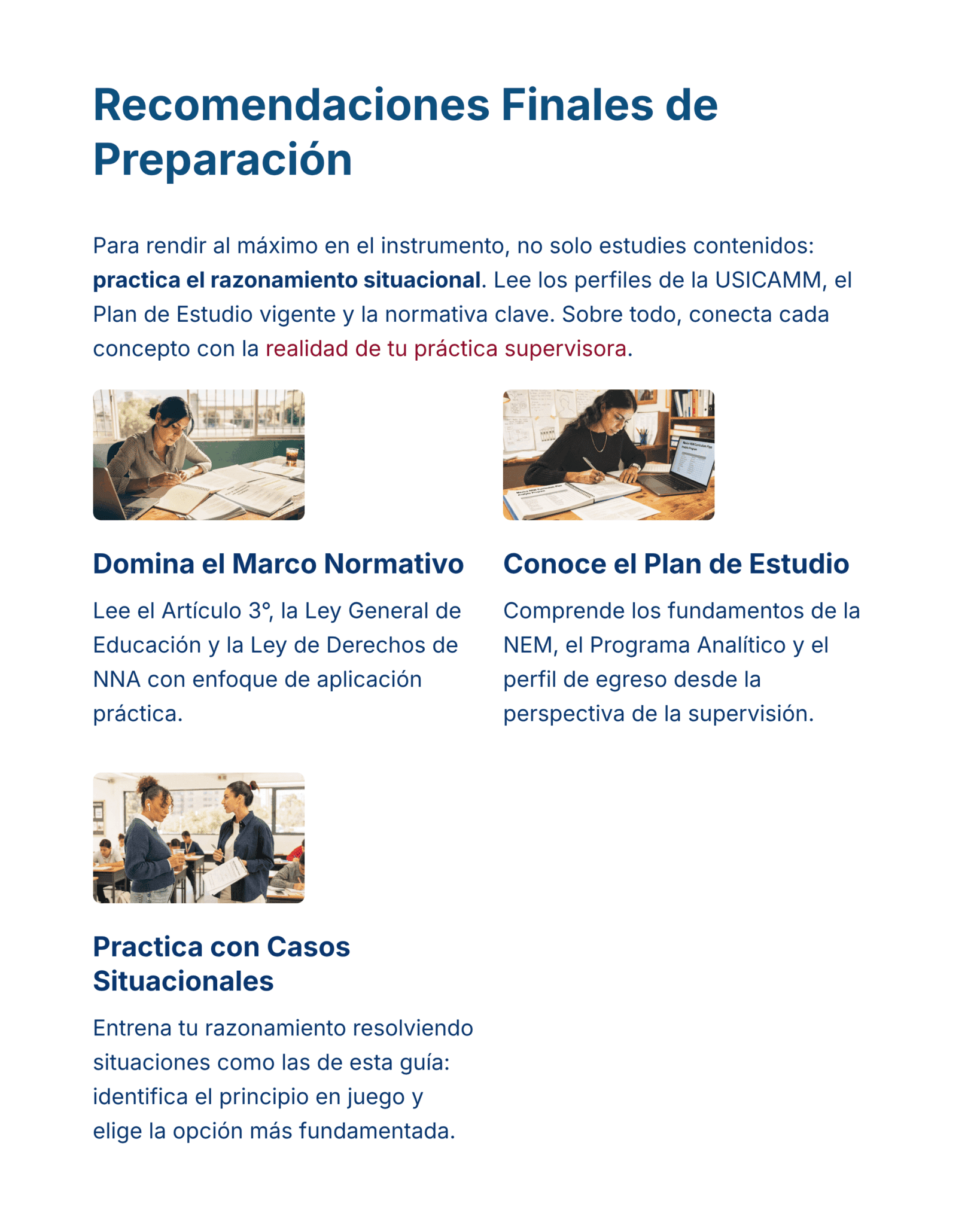 Guía de Apoyo Promoción Vertical Función SUPERVISORES - USICAMM 2026 - 2027 + (Simulador 90 Reactivos) 12 Una infografía en español titulada "Recomendaciones Finales de Preparación" enumera consejos de estudio para un examen, incluida la práctica del razonamiento situacional, la comprensión de la normativa, la revisión de los planes de estudio y la práctica con casos situacionales.