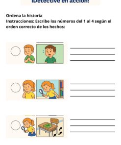 Página de actividades de secuenciación en español con tres paneles de cuentos ilustrados: un niño se encuentra mal, una niña investiga con una lupa y una niña descubre un bocadillo mordido en un escritorio. Hay espacios para escribir los números.