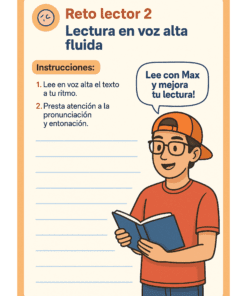 Ilustración de un niño con gafas, gorra roja y camisa naranja leyendo un libro en voz alta. Un globo de diálogo dice: 