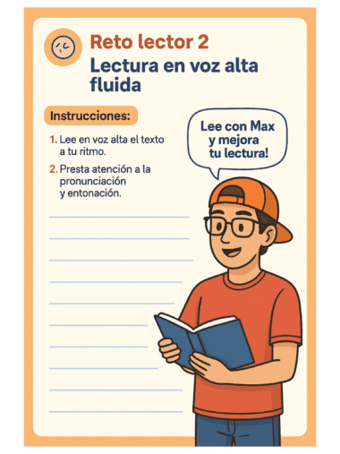 Ilustración de un niño con gafas, gorra roja y camisa naranja leyendo un libro en voz alta. Un globo de diálogo dice: "¡Lee con Max y mejora tu lectura!". A la izquierda aparecen instrucciones para practicar la lectura.
