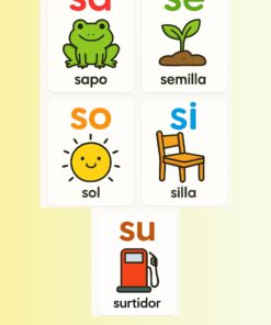 Cinco flashcards en español con las sílabas 