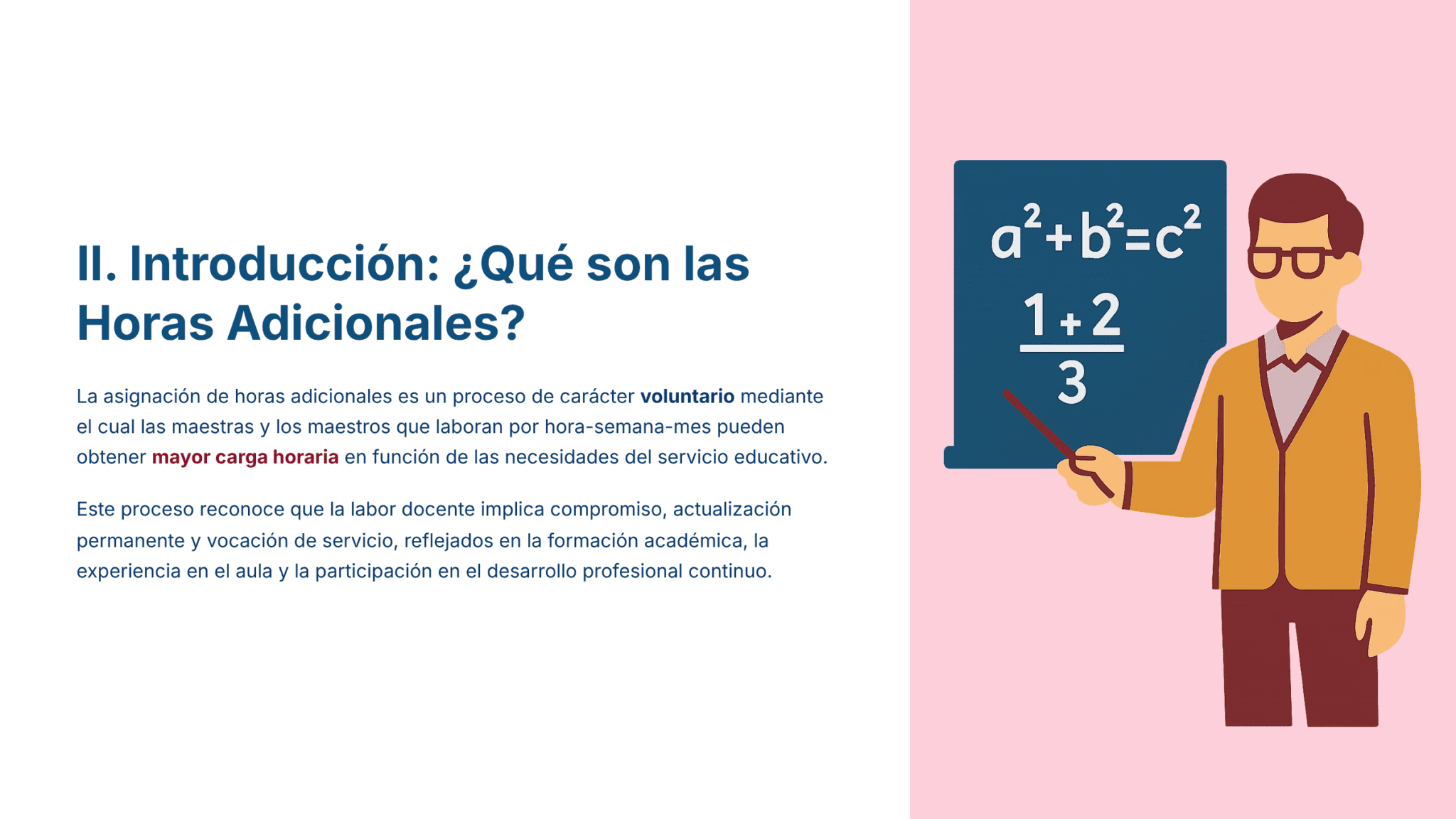 Guía de Estudio HORAS ADICIONALES MATEMÁTICAS Educación Secundaria- USICAMM 2026 - 2027 + (Simulador 90 Reactivos) 18 Una persona con gafas y chaqueta marrón señala una pizarra con ecuaciones matemáticas. El texto de la izquierda explica la asignación voluntaria de horas lectivas adicionales y destaca su importancia y requisitos.