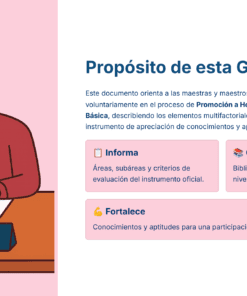 Ilustración de un profesor con una guía en la mano, sentado en un pupitre rotulado 