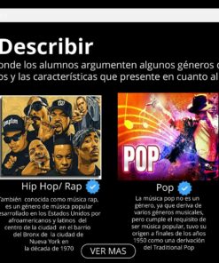 Promoción Actividad Didáctica Mi Playlist | Gráfico de PowerPoint (editable) de SPOTIFY que representa cuatro géneros musicales: Reguetón Power, Hip Hop/Rap, Pop y Corridos Banda. Cada panel de género incluye imágenes de artistas representativos, breves descripciones y antecedentes temáticos.