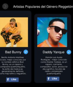 Una diapositiva de Actividad Didáctica Mi lista de reproducción que muestra perfiles de tres artistas populares de reggaetón, cada uno con una foto, nombre y breve descripción en español. Los iconos de búsqueda, inicio y creación de listas de reproducción son visibles.