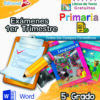 Portada colorida para "Exámenes de Primaria 5.° Grado (NEM 2025-2026) 1er Trimestre", con libros de texto, un portapapeles con lista de verificación, lápiz y logotipos como los de Editorial MD y Word. Texto en español. Para exámenes de primaria.