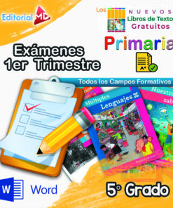 Portada colorida para "Exámenes de Primaria 5.° Grado (NEM 2025-2026) 1er Trimestre", con libros de texto, un portapapeles con lista de verificación, lápiz y logotipos como los de Editorial MD y Word. Texto en español. Para exámenes de primaria.
