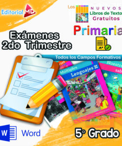 Portada colorida para “Exámenes de Primaria 5° Grado (NEM 2025–2026) 2do Trimestre”, con libros de texto, portapapeles y lápiz, además de logotipos de Editorial MD, Primaria, Word y Examen Segundo Trimestre Quinto Grado.