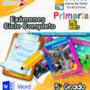 Cartel vibrante para Exámenes Primaria 5° Grado (NEM 2025–2026) Ciclo Escolar Completo, con libros de texto, portapapeles con lista de verificación, lápiz, logotipos y texto: “Exámenes Primaria”, “Ciclo Escolar Completo”, “Primaria” y “Word”.