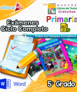 Cartel vibrante para Exámenes Primaria 5° Grado (NEM 2025–2026) Ciclo Escolar Completo, con libros de texto, portapapeles con lista de verificación, lápiz, logotipos y texto: “Exámenes Primaria”, “Ciclo Escolar Completo”, “Primaria” y “Word”.
