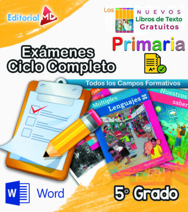 Cartel vibrante para Exámenes Primaria 5° Grado (NEM 2025–2026) Ciclo Escolar Completo, con libros de texto, portapapeles con lista de verificación, lápiz, logotipos y texto: “Exámenes Primaria”, “Ciclo Escolar Completo”, “Primaria” y “Word”.