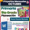 Vibrante folleto educativo para los proyectos mensuales de octubre, titulado "Programa Analítico 5° Primaria (Planeación Mensual por Proyectos Octubre 2024 - 2025)". El texto incluye "Primaria 5to Grado" y "Nueva Escuela Mexicana". Presenta imágenes de libros y un ícono de Microsoft Word, enfatizando temas como ética, naturaleza, sociedad y ciencia.