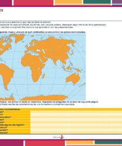 Una hoja de trabajo para Quinto Grado con un mapa del mundo, continentes sombreados y masas de tierra de color naranja. Tiene instrucciones en español para ejercicios y preguntas sobre continentes, países y opiniones personales. Publicado por Editorial MD como parte de su Planeación de Febrero Quinto Grado de Primaria 2023 – 2024 NEM.