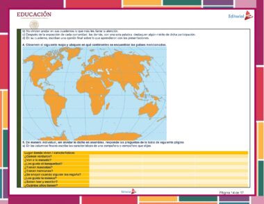 Una hoja de trabajo para Quinto Grado con un mapa del mundo, continentes sombreados y masas de tierra de color naranja. Tiene instrucciones en español para ejercicios y preguntas sobre continentes, países y opiniones personales. Publicado por Editorial MD como parte de su Planeación de Febrero Quinto Grado de Primaria 2023 – 2024 NEM.