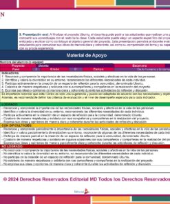 Una hoja de material de apoyo para la presentación del proyecto NEM Planeación de Febrero Quinto Grado de Primaria 2023 – 2024 en Primaria, con el nombre de los estudiantes, información del proyecto y criterios como empatía y responsabilidad social. Incluye una rúbrica detallada con indicadores para la aplicación de conocimientos, habilidades interpersonales y desempeño en proyectos.