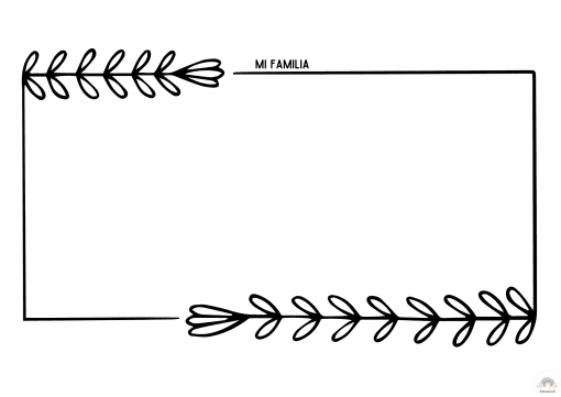 Un borde rectangular con diseños de follaje negro en las esquinas superior izquierda e inferior derecha, rodeando el texto "MI FAMILIA" centrado en la parte superior. El resto del marco está vacío, perfecto para crear tu propia Mi Familia. Cuaderno Viajero ESI añadiendo imágenes o texto.