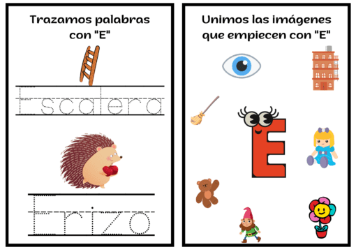 Lado izquierdo: Imágenes de escalera y erizo con las palabras rastreables "Escalera" y "Erizo". Lado derecho: Ojo, edificio, trapeador, osito de peluche, gnomo, flor, letra "E" y una niña. El texto dice "Unimos las imágenes que comienzan con la letra E" (emparejemos las imágenes que comienzan con 'E'). El producto utilizado es Cuadrernillo letra "E".
