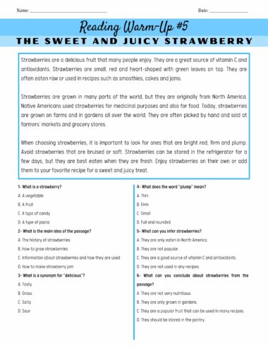 Una hoja de trabajo titulada "Preparación para la lectura #5: La fresa dulce y jugosa", parte de la serie 100 Lecturas de Comprensión Lectora en Inglés. Presenta un pasaje sobre las fresas, que analiza su nutrición, orígenes y usos. Debajo del pasaje hay ocho preguntas de opción múltiple relacionadas con el texto.