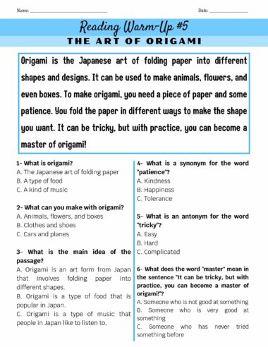 Calentamiento de lectura n.° 5: hoja de trabajo El arte del origami. El encabezado explica qué es el origami y enfatiza la importancia de la práctica. A continuación, hay seis preguntas de opción múltiple relacionadas con el origami, incluida su definición, los materiales necesarios y sinónimos de paciencia. Parte de la serie 100 Lecturas de Comprensión Lectora en Inglés.