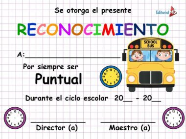 Certificado con el título "Reconocimiento" en letras de colores, que premia a un alumno por su puntualidad. Hay un autobús escolar amarillo con dos niños, espacios para nombres y años, y firmas de director y profesor.