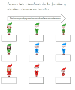 Una página del Libro de Vocabulario de Inglés (5-7 años) presenta duendes de dibujos animados como miembros de la familia con casillas en blanco. Una flecha arriba resalta las palabras de vocabulario en verde: papá, mamá, abuelo, abuela, hermana, hermano, tía, tío, primo.