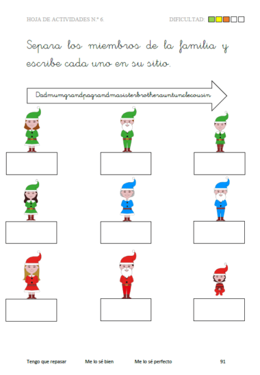Una página del Libro de Vocabulario de Inglés (5-7 años) presenta duendes de dibujos animados como miembros de la familia con casillas en blanco. Una flecha arriba resalta las palabras de vocabulario en verde: papá, mamá, abuelo, abuela, hermana, hermano, tía, tío, primo.