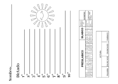 Hoja de trabajo para practicar la escritura. La página tiene espacios para un nombre y un dictado, numerados del 1 al 10 con líneas para escribir. Incluye una ilustración de un sol y un cuadro para la progresión silábica en la lectura.